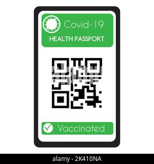 Vektordarstellung eines Gesundheitspasses, Impfpass für Covid-19 auf einem mobilen Gerät mit QR-Code in grün und weiß. Stock Vektor