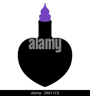 Giftflasche. Silhouette. Herzförmiges Gefäß. Die Flasche wird mit einem violetten Stopfen verschlossen. Vektorgrafik. Ein wunderbares Getränk. Hexentrank Stock Vektor