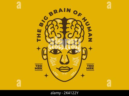 Vintage Retro Art Design von einem Gesicht eines Mannes mit einem großen Gehirn Stock Vektor