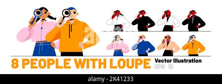 Eine Gruppe von Menschen mit Lupe, männliche und weibliche Charaktere schauen durch die Lupe. Konzept der Informationsforschung, SEO, FAQ, Abfrage, Untersuchung und Studium, Liniengrafik flache Vektorgrafik Stock Vektor