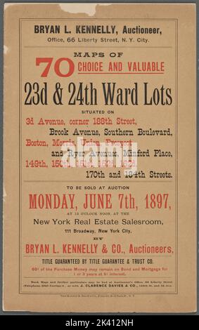Karten von 70 Choice und wertvollen 23d & 24. ward Parzellen an der 3D Avenue, Ecke 188. Street, Brook Avenue, Southern Boulevard, Boston, Morris, Union, Prospect and Ryer Avenues, Minford Place, 149., 150., 151., 152D, 162d, 170. und 184. Straßen. Zu versteigern. Text. Karten, Broschüren. 1897-06-07. Lionel Pincus und Princess Firyal Map Division. Immobilienauktionen , New York (Staat) , New York Stockfoto