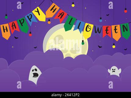 Frohe halloween Grußkarte mit Fahnen und Mond Stock Vektor