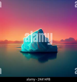 Eisberg im stillen Wasser bei Sonnenuntergang. Digitale Illustration. Stockfoto