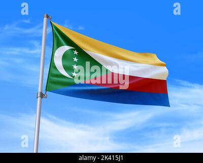 Schöne Komoren-Flagge winkt im Wind mit Himmel Hintergrund - 3D Abbildung - 3D Render Stockfoto