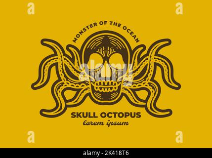 Vintage Retro Art Design eines Totenschädels mit Oktopus Beinen Stock Vektor