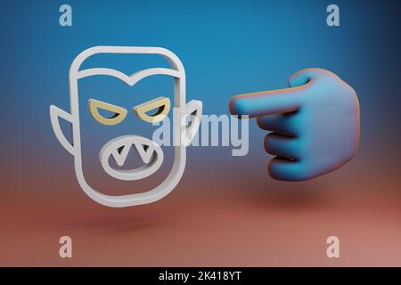 Schöne Illustrationen abstrakte Hand Zeigefinger zeigt auf Halloween Vampir Symbol Symbol Symbol auf einem bunten hellen Hintergrund. 3D Rendering illustrationo Stockfoto