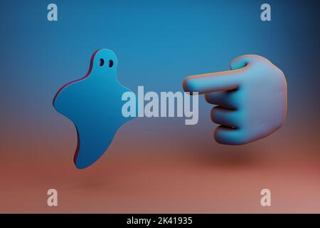 Schöne Illustrationen abstrakte Hand Zeigefinger zeigt auf Halloween Geist Symbol Symbol auf einem bunten hellen Hintergrund. 3D Rendering-Illustration. Stockfoto