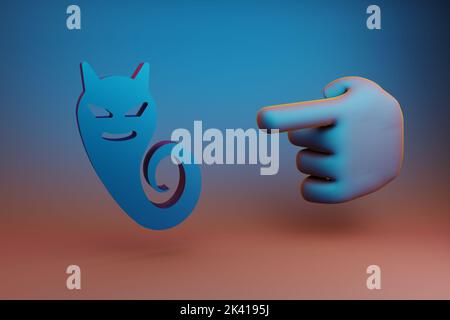 Schöne Illustrationen abstrakte Hand Zeigefinger zeigt auf Halloween Geist Symbol Symbol auf einem bunten hellen Hintergrund. 3D Rendering-Illustration. Stockfoto