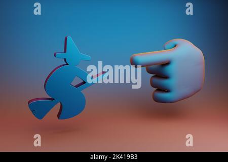 Schöne Illustrationen abstrakte Hand Zeigefinger zeigt auf welches Symbol Symbol Symbol auf einem mehrfarbigen hellen Hintergrund. 3D Rendering-Illustration. Backgroun Stockfoto