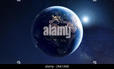Planet Erde aus dem Weltraum mit Stadtlichtern betrachtet. Technologie, globale Kommunikation, weltweite Verbindungen. Satellitenansicht. Elemente der NASA. Stockfoto