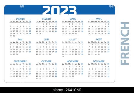 Taschenkalender auf 2023 Jahr, Französisch. Blauer horizontaler Kalender. Die Woche beginnt ab Montag. Vektorvorlage für Unternehmen. Stock Vektor
