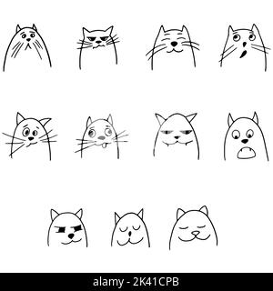Set von Katzen Köpfe mit verschiedenen Emotionen in Hand gezeichnet Cartoon-Stil. Doodle Vektordarstellung von Tierfiguren isoliert auf weißem Hintergrund. Stock Vektor