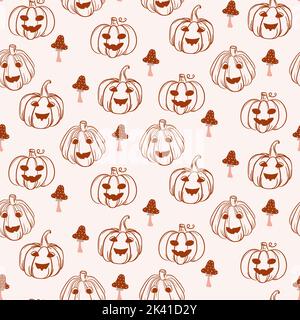 Herbst gemütliche Halloween Kürbisse und Pilze nahtlose Muster Hintergrund braun auf weiß Stock Vektor
