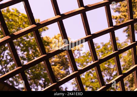 Zaun aus Pfostenpfählen, nahtlos, horizontal auf Herbstlaub und Himmel Hintergrund in rosa Gelbtönen. Nahaufnahme von Holzstrellisen für Kletterpflanzen, Sel Stockfoto