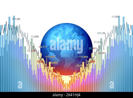 Die Weltwirtschaft in einer Rezession und die sinkende globale Wirtschaftskrise oder der internationale Rückgang und der wirtschaftliche Rückgang oder der Rückgang mit einem Abwärtstrend. Stockfoto