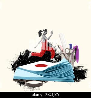 Glücklich motivierter Student, der japanische Sprache für Reisen lernt. Konzeptuelle kreative Kunstcollage. Fernunterricht, Fernschule, Studieren. Global Stockfoto