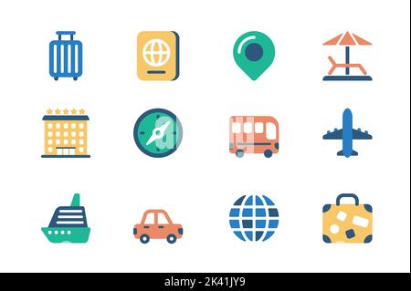 Reiseurlaub Konzept der Web-Icons in einfachen flachen Design gesetzt. Pack von Gepäck, Pass, Lage, Strand Entspannung, Hotel, Kompass, Bus, Flugzeug Stock Vektor
