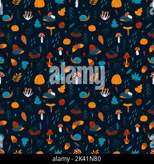 Vektor Herbst nahtlose Muster mit Kürbis, Eberesche, Fichte, Eichel, Pilze, Igel, Blätter, Schnecke, Apfel, Regen, Herz, Fliege agarisch in handgezogenem Lch Stock Vektor