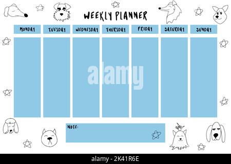 Wochenplaner mit niedlichen Outline-Hunden und Sternen im Doodle-Cartoon-Stil. Vektor-Illustration für Kinder stationär, Zeitplan, Liste, Schule Zeitplan, ex Stock Vektor