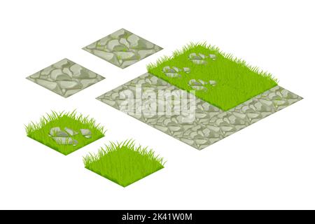 Set isometrische Kachel Rasen Karte Elemente Gras, Steine im Cartoon-Stil isoliert auf weißem Hintergrund, Konstruktor für App, ui. . Vektorgrafik Stock Vektor