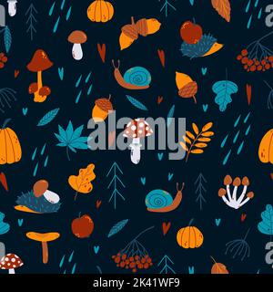 Vektor Herbst nahtlose Muster mit Kürbis, Eberesche, Fichte, Eichel, Pilze, Igel, Blätter, Schnecke, Apfel, Regen, Herz, Fliege agarisch in handgezogenem Lch Stock Vektor