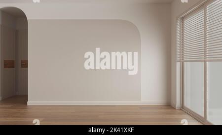 Innenarchitektur der leeren Zimmer, offener Raum aus Holz mit Eichenparkett, gewölbte Wände mit Dekors, Türen, Fenster mit jalousien, moderne Architektur Stockfoto