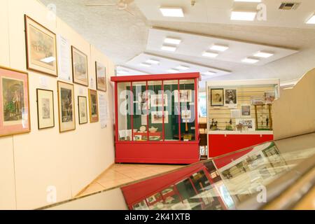 Ausstellungsstücke im Innenraum des Bourne Hall Museums in Ewell, Epsom, Surrey, England, Großbritannien, September 2022 Stockfoto