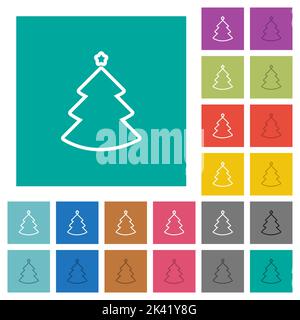 Weihnachtsbaum umreißt mehrfarbige flache Symbole auf einfachen quadratischen Hintergründen. Weiße und dunklere Symbolvarianten für schwebe- oder aktive Effekte. Stock Vektor
