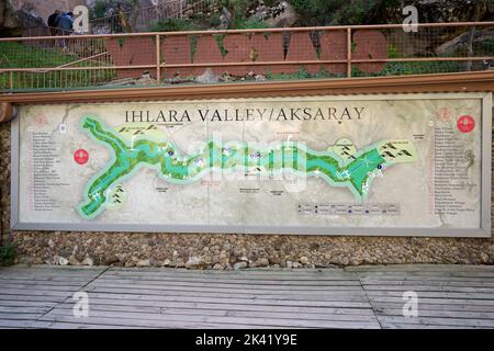Karte von Ihlara-Tal oder Peristrema-Tal, Ihlara, Provinz Aksaray, Guzelyurt, Kappadokien, Anatolien, Türkei Stockfoto