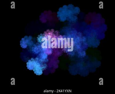 Mehrfarbiger leuchtender Gegenstand auf schwarzem Hintergrund. Glänzendes Neon fraktal. Lack platzt. Abstrakte psychedelisch Illustration. 3D Rendern Stockfoto