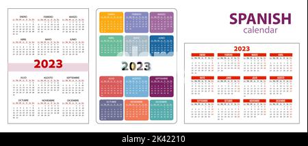 Taschenkalender auf 2023 Jahr, spanisch. Legen Sie die Farbe Vertikal und Horizontal fest. Die Woche beginnt ab Montag. Vektor-Vorlagen-Kalender für Unternehmen. Stock Vektor