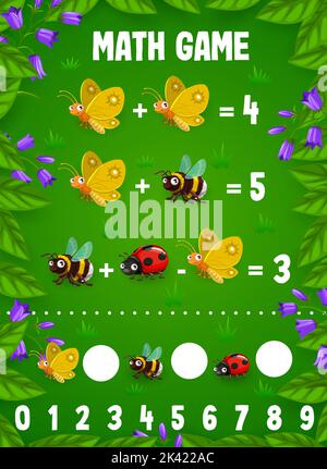 Math-Spiel Arbeitsblatt, Cartoon lustige Insekten-Charaktere Zählen Puzzle in Blumenrahmen. Vektor-Quiz von Kindern Bildung mit Schmetterling, Hummel und Marienkäfer Insekten Persönlichkeiten auf Graswiese Hintergrund Stock Vektor