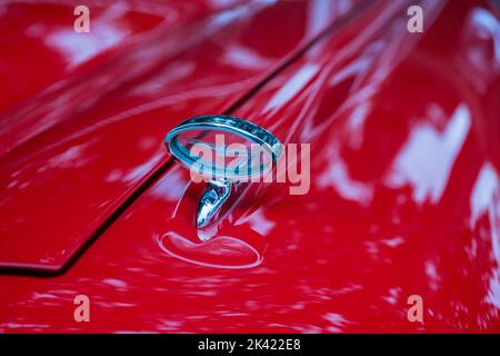 DEARBORN, MI/USA - 15. JUNI 2019: Nahaufnahme einer Ford Thunderbird Haube aus dem Jahr 1960, der Henry Ford (THF) Motor Muster Car Show, im Greenfield Village Stockfoto