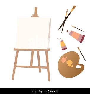 Malwerkzeuge Elemente Cartoon bunten Vektor-Set. Kunstbedarf: Staffelei mit Leinwand, Tuben, Pinsel, Bleistift, Aquarell, Palette. Erstellen von Zeichnungen Stockfoto