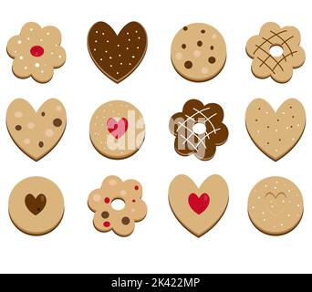 Hausgemachte Cookies flach Vektor-Illustration. Süße Kekse in verschiedenen Formen in rosa Platte isoliert Cliparts auf weißem Hintergrund. Köstliches gebackenes Dessert Stockfoto