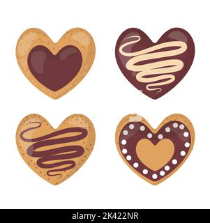 Vector Set von verschiedenen Cookies in Form von Herzen mit Schokolade und rosa Glasur verziert bedeckt Stockfoto