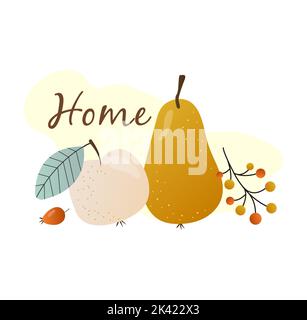 Die Inschrift Haus und Herbstfrüchte. Birne, Apfel und Hagebutten Beeren. Hagebutten, Blätter, Zweige, Blumen, Apfel, Birne, rote Beeren. Satz Isolat Stockfoto