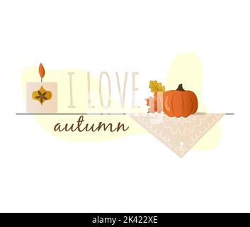 Hygge-Symbole für soziale Medien, Webbanner, Werbung oder Print. Herbstelemente im Doodle-Stil für Postkarten. Stockfoto