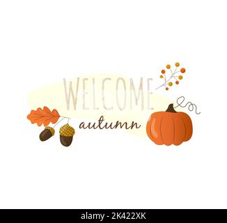 Vektor-Set mit Herbstelementen. Handgezeichnete Blätter, Eberesche und Kürbis. Moderne Einrichtung im Herbst der Saison. Stockfoto