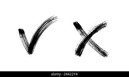Pinsel lackiert ja und keine Häkchen. Schwarz-Weiß-Karabotafeln und Kreuzschilder. Symbole zur Genehmigung und Ablehnung gezeichneter Stimmen. X- und V-Embleme. Stock Vektor