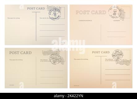 Vintage Postkarte, Postkarten-Vorlagen mit Briefmarken, Vektor-Hintergründe. Alte Retro-Postkartenrückseiten aus London, Lissabon, Michigan und Florida, leere Postportos und Reisepostkarten Stock Vektor