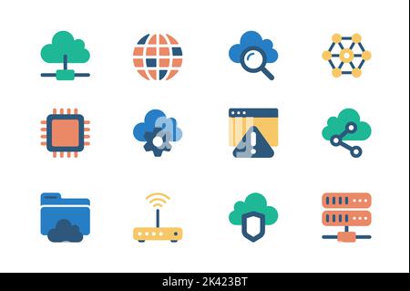 Cloud-Technologie-Konzept von Web-Icons in einfachen flachen Design gesetzt. Speicherpaket, Server, Suche, Mikrochip, Einstellungen, Link, Ordner, Hochladen, persönlich Stock Vektor