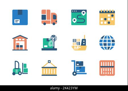 Versandkonzept von Web-Icons in einfachen flachen Design gesetzt. Paket, LKW, Logistik, Routenverfolgung, Kalender, Lager, Gewicht, Versand Stock Vektor