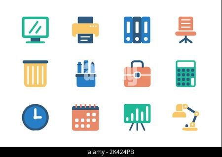 Bürobedarf Konzept der Web-Icons in einfachen flachen Design gesetzt. Paket von Computer, Drucker, Ordner, Dokument, Stuhl, Abfalleimer, Schreibwaren, Aktentasche Stock Vektor