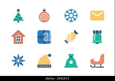 Weihnachtliches Konzept von Web-Icons in schlichtem flachen Design. Pack von festlichen Baum, Ball, Schneeflocke, Brief, Lebkuchen-Cookie, Geschenk, Süßigkeiten, Glocke, Stern Stock Vektor