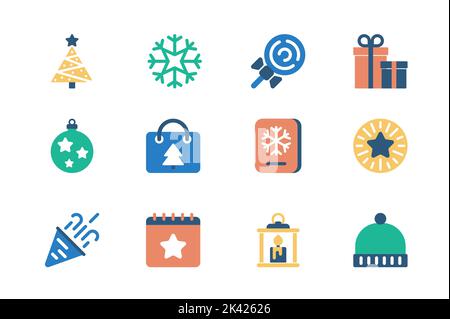 Weihnachtliches Konzept von Web-Icons in schlichtem flachen Design. Pack von Baum, Schneeflocke, Lutscher, Geschenke, Ball, Weihnachtseinkäufe, Postkarte, Feuerwerk Stock Vektor