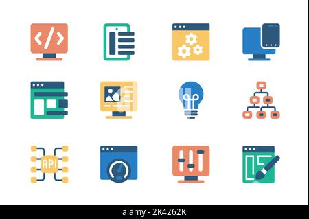 Design und Entwicklung Konzept von Web-Icons in einfachen flachen Design gesetzt. Paket von Codierung, Programmierung, Einstellungen, Optimierung, Idee generieren, Technik Stock Vektor