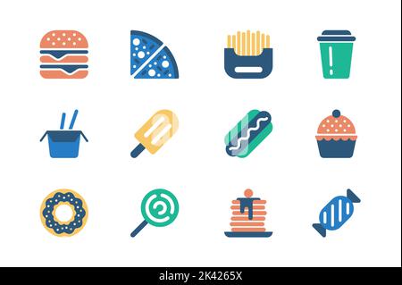 Fast Food-Konzept der Web-Icons in einfachen flachen Design gesetzt. Packung Hamburger, Pizza, Pommes, Getränke, Wok-Nudeln, Eis, Dessert, Hot Dog, Cupcake Stock Vektor