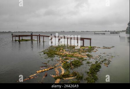 Winter Haven, Florida, USA. 29. September 2022. September 29, 2022, Winter Haven, Florida: Ein Dock am Lake Eloise sitzt unter Wasser im Orange Manor Trailer Park in Zentral-Florida, nachdem der See in Wohngebiete nach dem Unwetter des Unwetters Ian verschüttet wurde. (Bild: © Dominic Gwinn/ZUMA Press Wire) Stockfoto