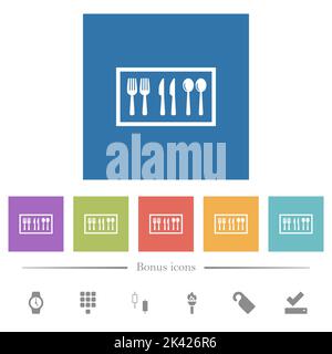 Flache weiße Symbole auf quadratischen Hintergründen in der Besteckbox. 6 Bonus-Symbole enthalten. Stock Vektor